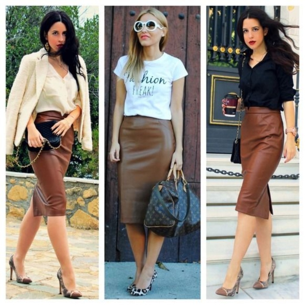 NWT Zara Faux Leather brown midi pencil skirt